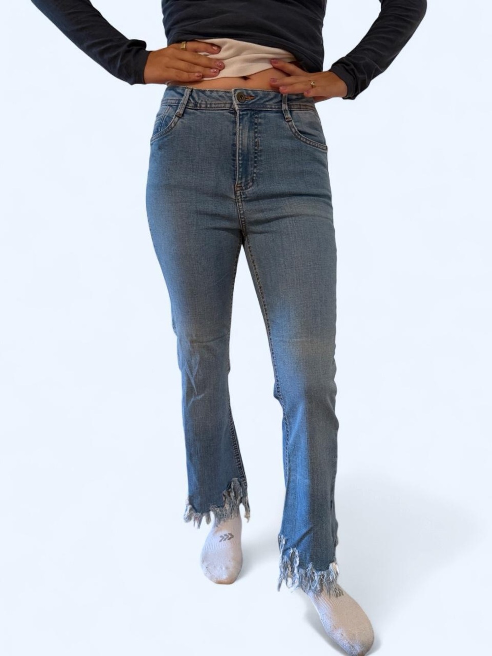 Zara Light Blue Raw Frayed Hem Flared Jeans Size 6